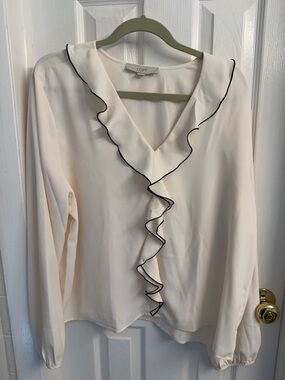 LOFT Cream Ruffle V-Neck Blouse with Black Trim